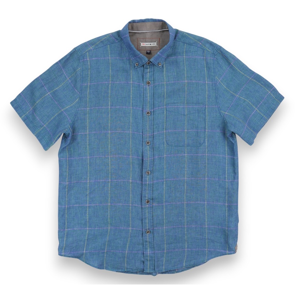 32 Bar Blues Shirt Mens Large Blue Plaid Linen Short Sleeve Button Up Casual